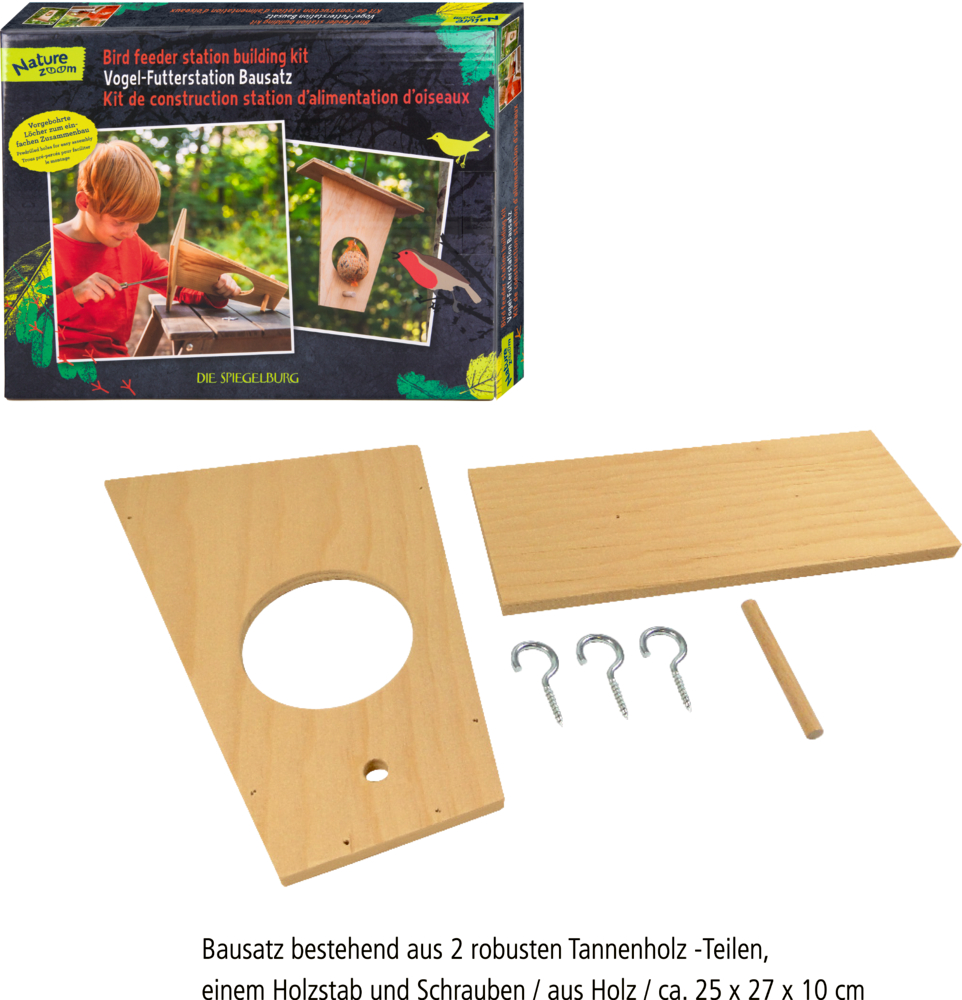 Bausatz mit zwei Holzplatten, drei Haken, einem Holzstab und Verpackung mit Abbildung einer Vogel-Futterstation.