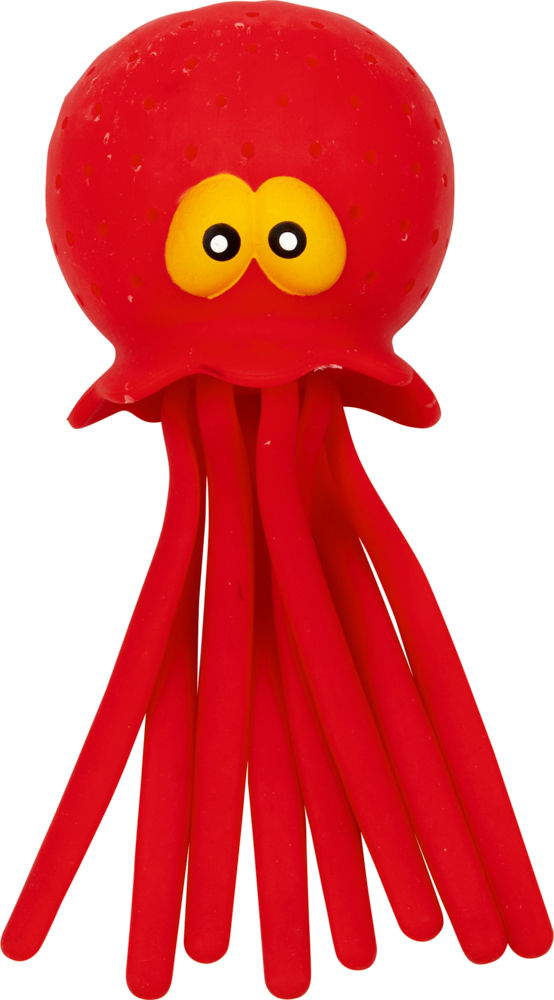 "Rotes Oktopusspielzeug aus Gummi mit großen gelben Augen und langen, gewellten Tentakeln, auf weißem Hintergrund."