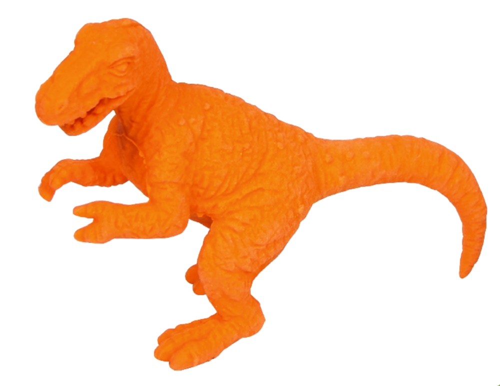 Orangefarbene T-Rex-Radierfigur in 3D mit kurzen Armen und langem Schwanz.
