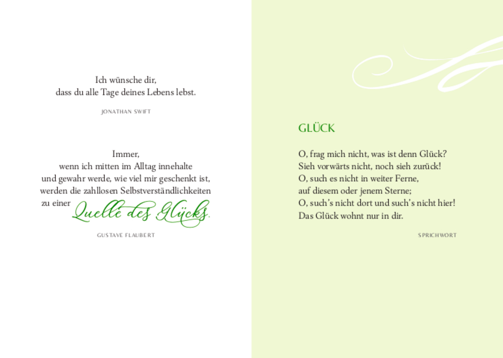 Buchseite mit Zitaten über Glück, gestaltet in eleganten, grünen Zierschriften.