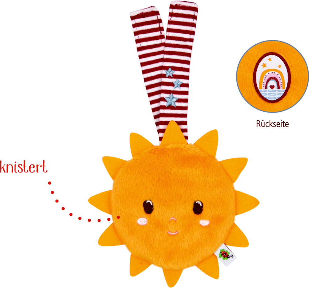 Gelbe Plüschsonne mit lächelndem Gesicht und dem Text "knistert".