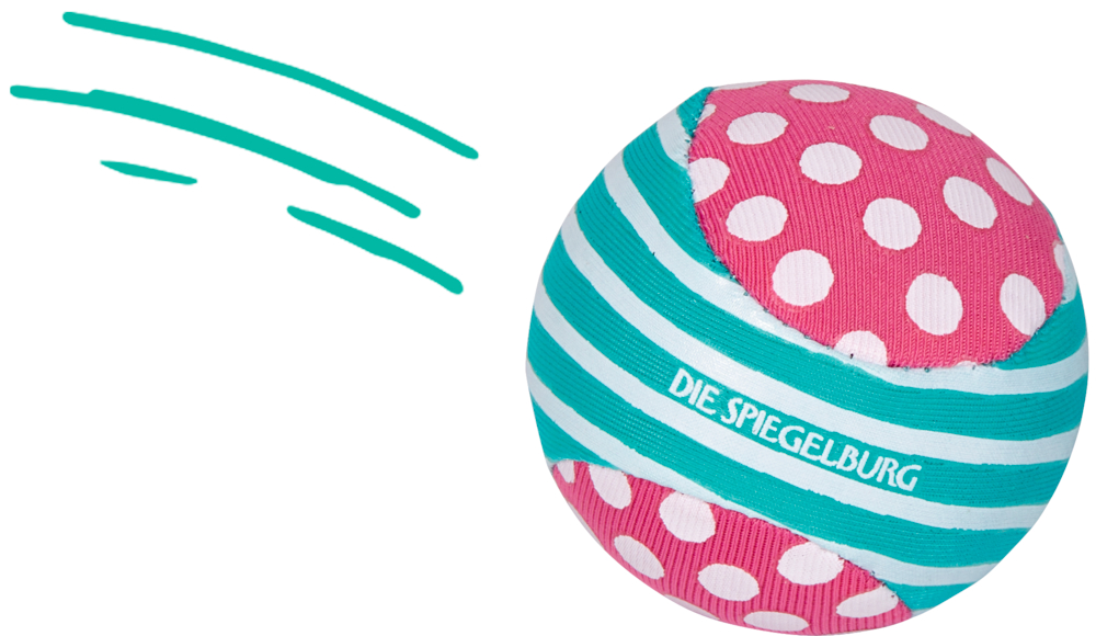 Rosa und türkis gepunkteter Ball mit dem Text „DIE SPIEGELBURG“ und Bewegungslinien auf weißem Hintergrund.