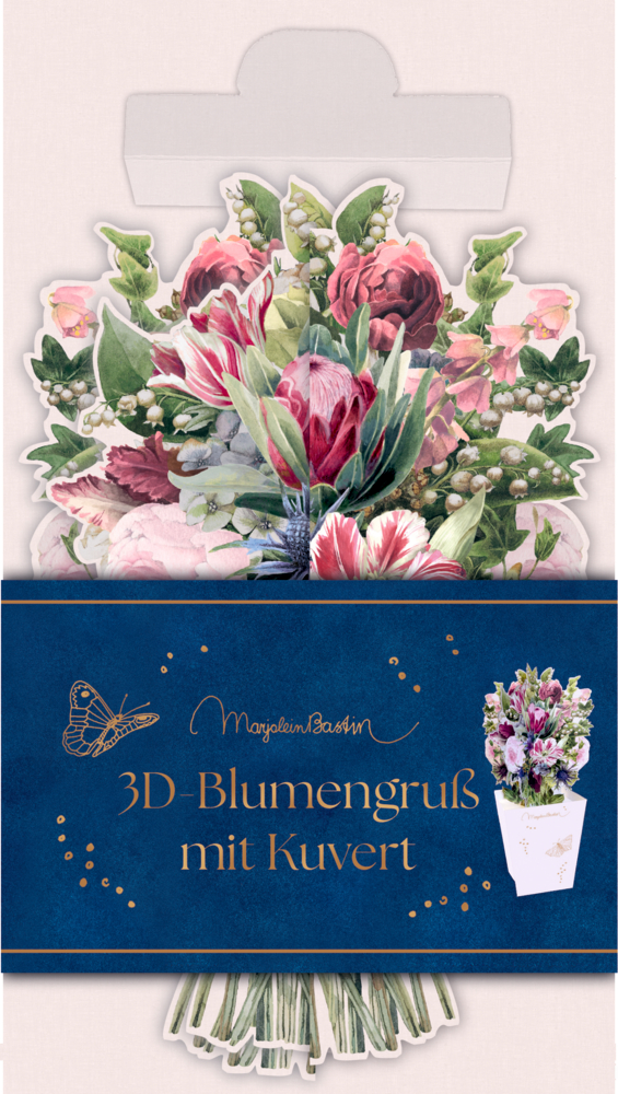 Klappkarte mit farbigem 3D-Blumenmotiv und grün-blauer Banderole mit goldfarbener Aufschrift.