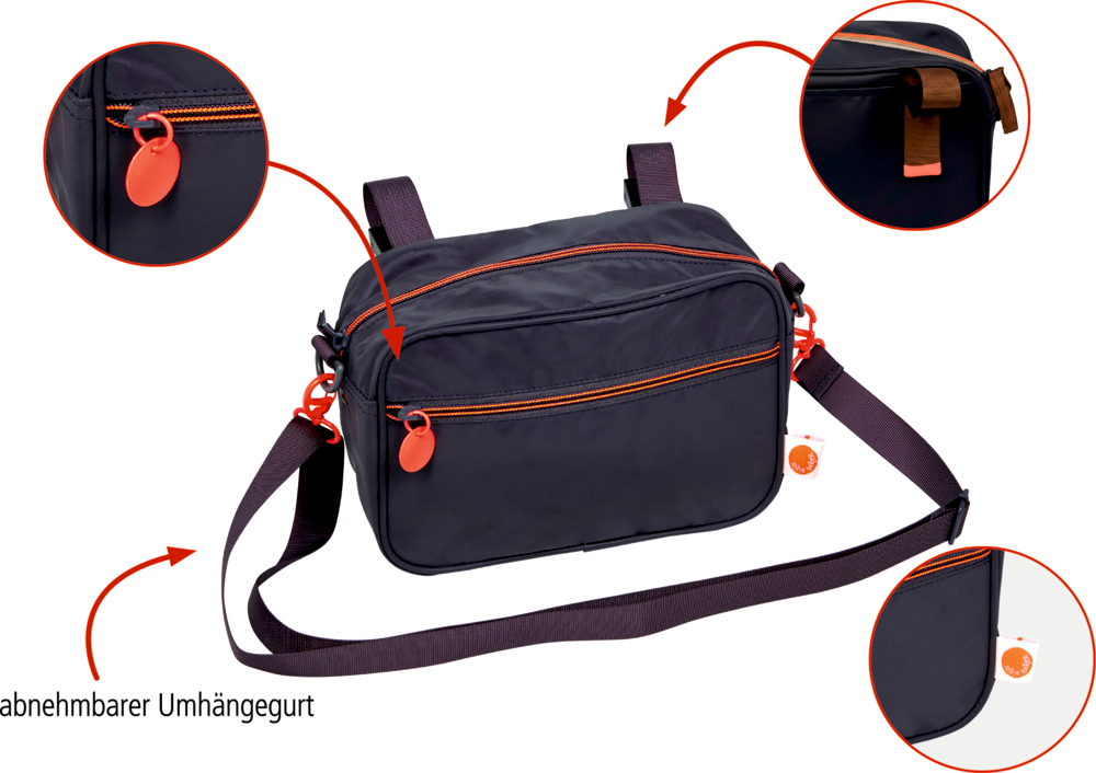Dunkelgraue Lenkertasche mit orangefarbenen Reißverschlüssen, roten Zippern und abnehmbarem Tragegurt.