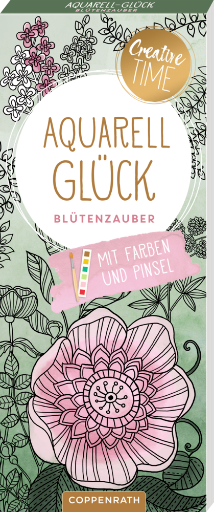Aquarellillustration: rosa Blumen, Titel „Aquarell Glück“ auf grünem Hintergrund.
