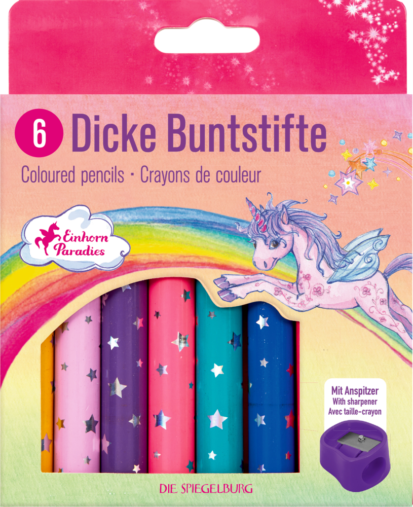 Sechserpack Buntstifte mit Sternmuster, Einhorn und Regenbogen auf der Verpackung.
