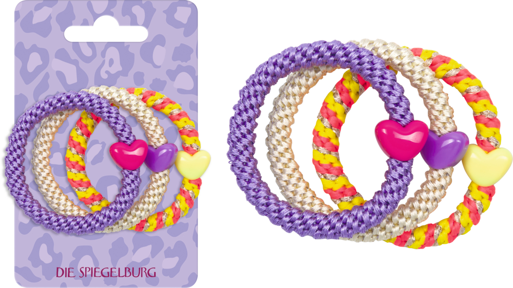 Drei geflochtene Haargummis in Lila, Beige und Gelb-Pink mit Herzperlen in Pink, Lila und Gelb, daneben diesen Set auf der Produktverpackung.