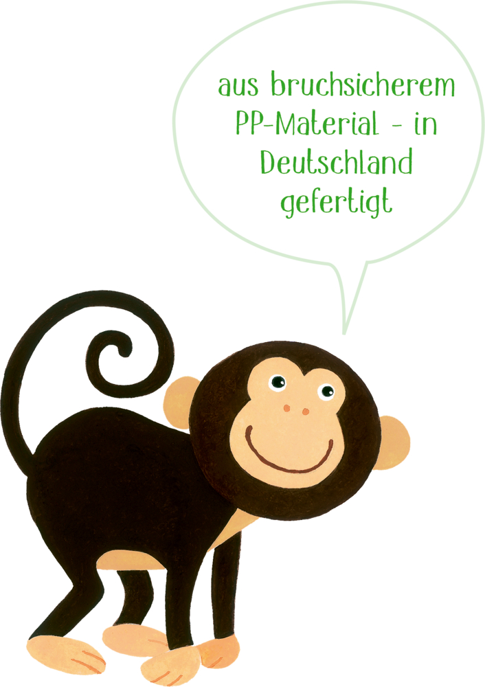 Ein lächelnder Comic-Affe mit Sprechblase: „Aus bruchsicherem PP – gefertigt in Deutschland.“.