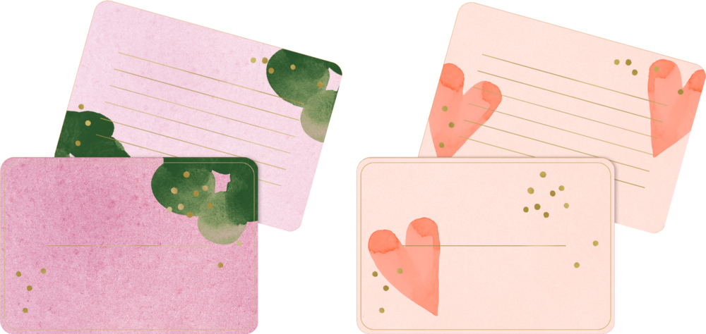 Zwei rechteckige Karten mit Umschlägen in Rosa und Apricot mit Linien und goldenen Punkten, verziert mit grünen Kreisen oder roten Herzen.