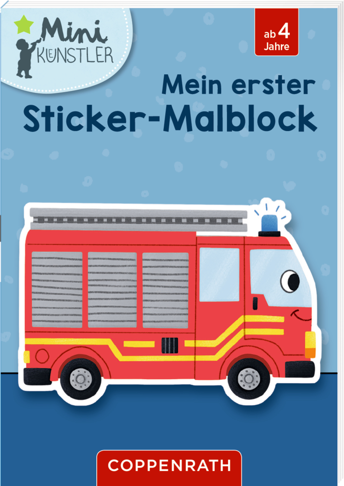Rotes Feuerwehrauto mit lachendem Gesicht, illustriert auf einem blauen Malblock-Cover für Kinder.