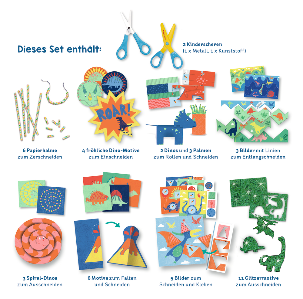Buntes Bastelset mit Schere, Papierstrohhalmen, Bastelvorlagen als Beispiele: Dino-Formen, Vulkan, Spiralen und Glitzerpapier-Ausschnitte.