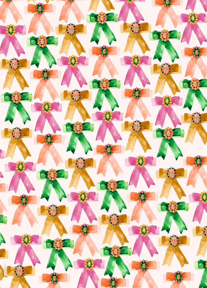 Nahtloses Muster mit gemalten Schleifen in Pink, Grün, Orange und Braun, jeweils mit buntem Blütenzentrum.