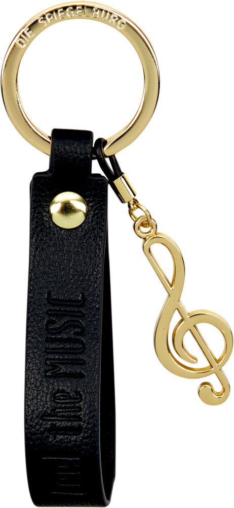Goldener Schlüsselanhänger mit schwarzem Lederband und goldenem Notenschlüssel-Anhänger.