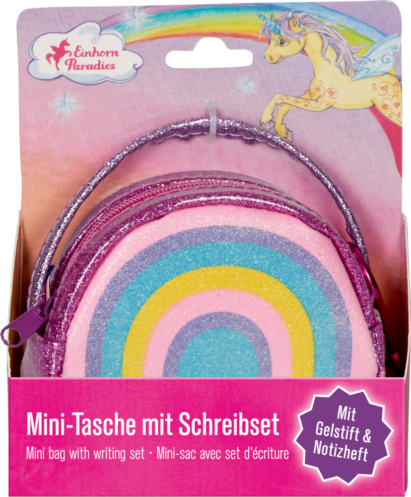 Glitzernde Regenbogen-Minitasche im pinkfarbenen Papp-Display, verziert mit Regenbogen und Einhorn.