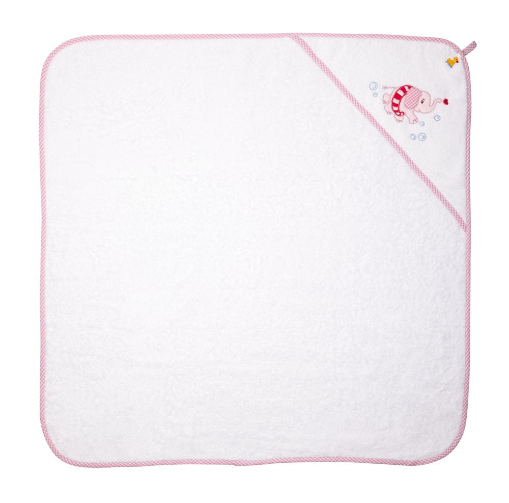 Weißes Babyhandtuch mit rosa Rand, Eckkapuze und süßem Wal-Seifenblasen-Design.