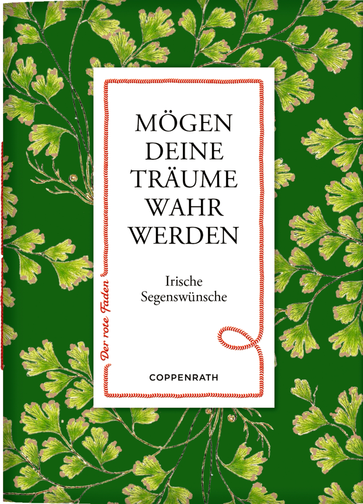 Buchcover mit grüner botanischer Hintergrund und Text „Mögen deine Träume wahr werden. Irische Segenswünsche.“.