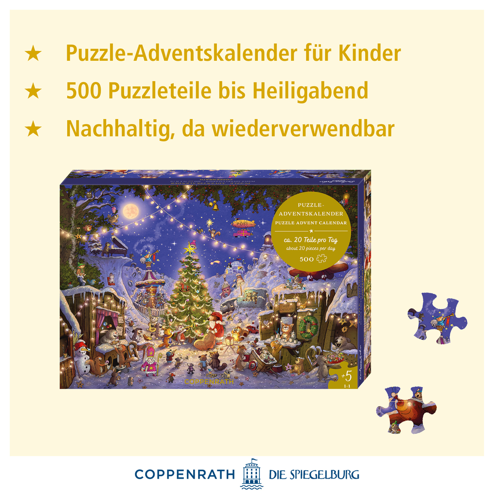 Puzzle-Adventskalender mit winterlicher Szene, Weihnachtsbaum und Figuren, daneben zwei einzelne Puzzleteile.