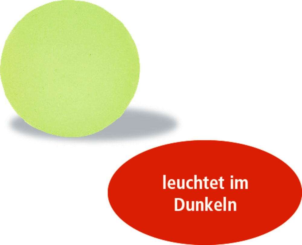 Hellgrüner Ball mit Text "leuchtet im Dunkeln".