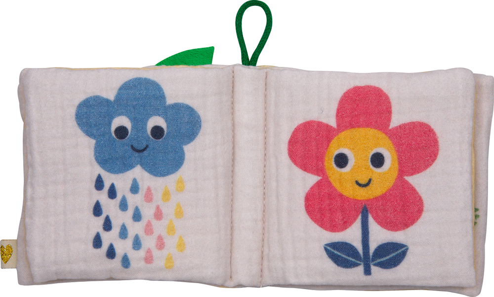 Stoffbuch mit blauer Wolke mit Regentropfen und einer roten Blume mit gelber Mitte, beide mit freundlichen Gesichtern.