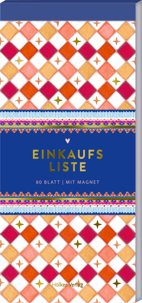 Notizblock mit farbigem Rautenmuster in Orange, Rot und Weiß, blauer Bereich mit goldener Aufschrift „Einkaufsliste“.