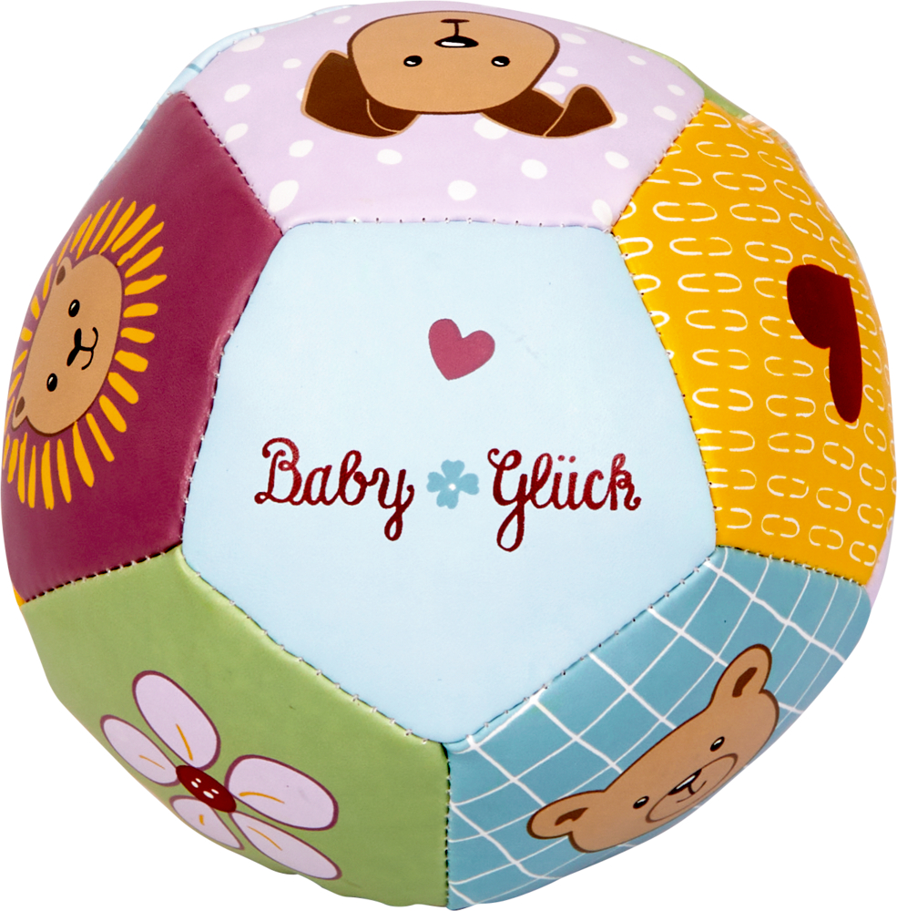 Bunter Patchwork-Babyball mit Tiergesichtern, Herzen, Blumen und der Aufschrift „Baby Glück“ auf einer Seite.
