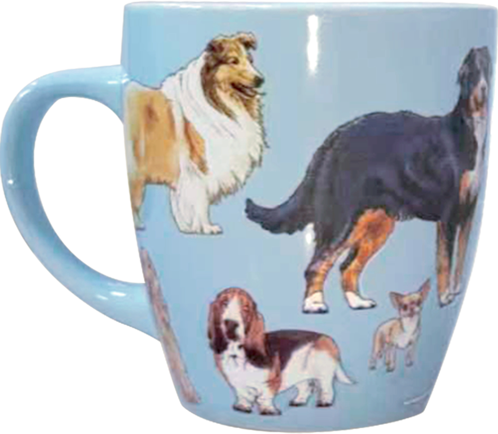 Hellblaue Tasse mit Abbildungen verschiedener Hunderassen.