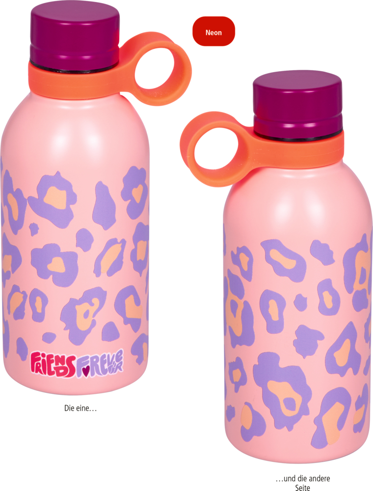 Rosa Trinkflasche mit violett-gelben Leopardenflecken, orangefarbenem Ringgriff und pinkem Schraubdeckel.