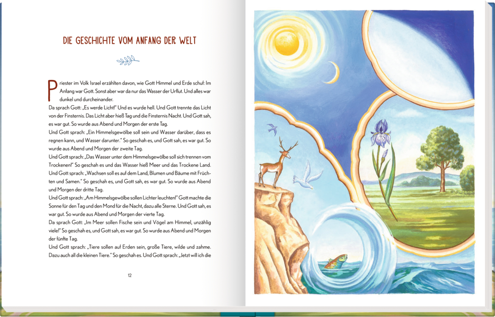 Auf einer Innenansicht ist auf der linke Seite ein Text über die Schöpfung zusehen und rechts die Sonne, der Mond, ein Hirsch, eine Blume, das Wasser und ein Vogel im Nest.