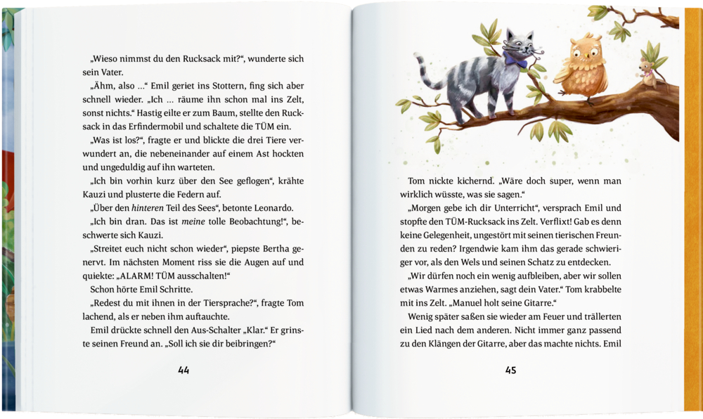Offenes Buch: Linke Seite: Text, rechts illustriert mit Katze und Eule auf einem Ast.