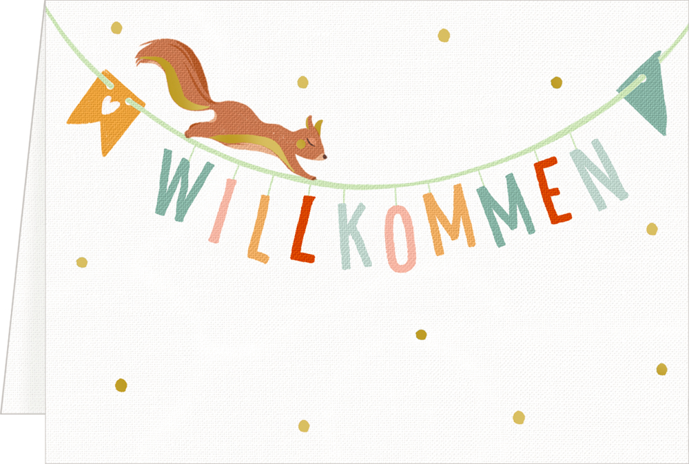Ein Eichhörnchen mit einer Wimpelkette mit der Aufschrift „WILLKOMMEN“ und gelben Punkten auf weißem Hintergrund.