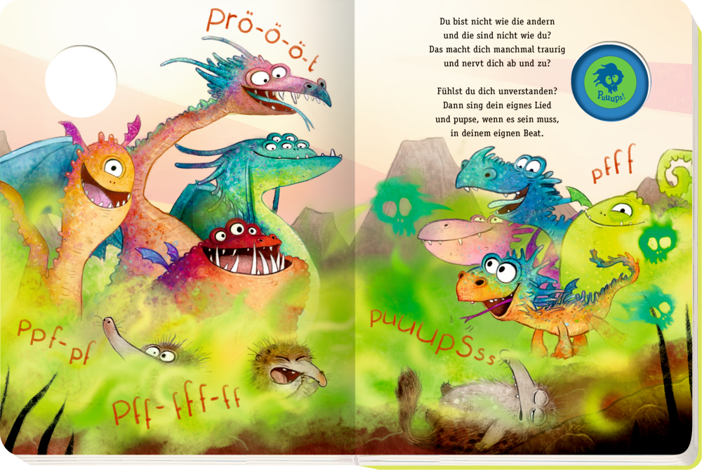 Mehrere bunte Drachen ziehen Grimassen in einer grünen, rauchigen Fantasielandschaft.