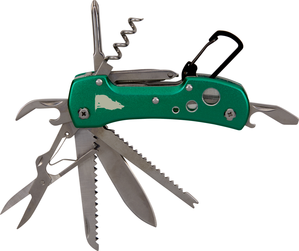 Grünes Multitool-Taschenmesser mit ausgefahrener Schere, Säge, Flaschenöffner, Korkenzieher und weiteren Werkzeugen.