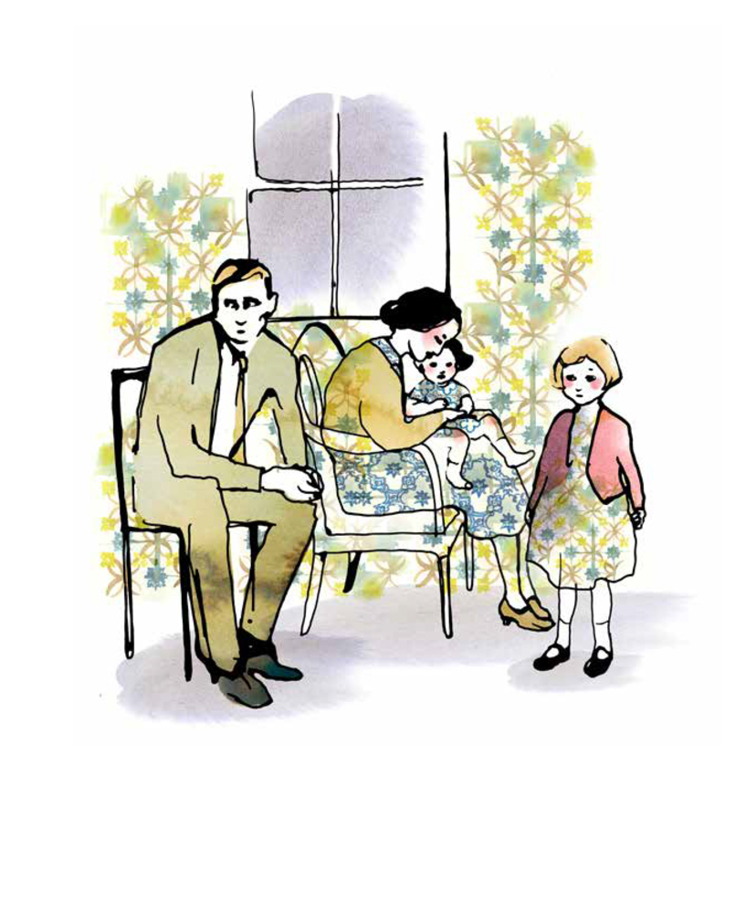Eine vierköpfige Familie: Mutter hält ein Baby, Vater sitzt und ein kleines Mädchen steht in der Nähe.