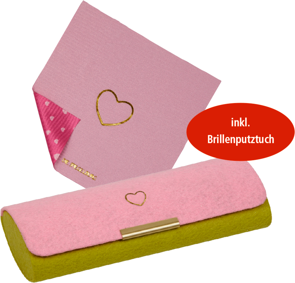 Rosa Putztuch und rosa-günes Brillenetui mit goldenem Verschluss. Beides mit goldenem Herzsymbol.