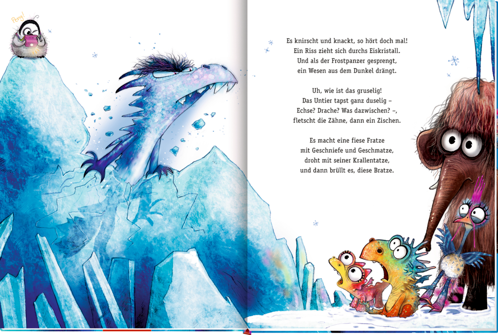 Illustration mit einem großen blauen Eismonster, das aus Eisbergen bricht, und vier erschrockenen Fantasietieren im Vordergrund.