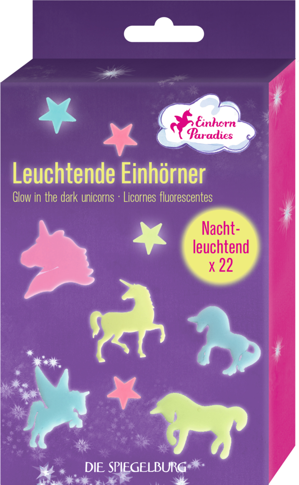 Lilafarbene Schachtel mit 22 im Dunkeln leuchtenden Einhorn- und Sternformen, beschriftet mit „Leuchtende Einhörner“.