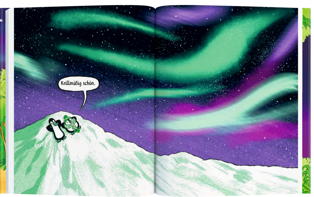 Buchinnenseite mit verschiedenen Szenen im Comic-Stil mit blauem Flugsaurer und Pinguin.
