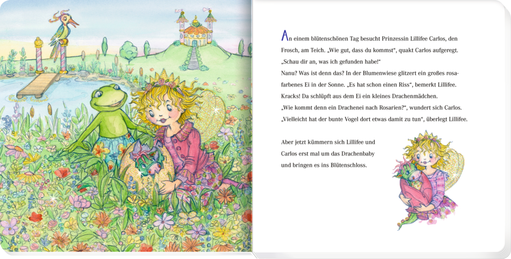 Eine Fee und ein Frosch sitzen an einem Blumen-Teich, im Hintergrund sind Schloss und Brücke zu sehen.