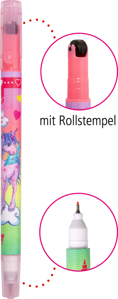Doppelseitiger Stift in Rosa mit Einhornmotiv vor Regenbogenmotiv, oben schwarzer Rollstempel, unten feine Schreibspitze.