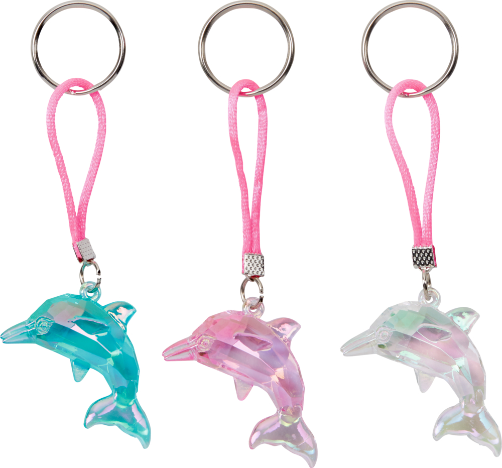 Drei Delfin-Schlüsselanhänger – blau, rosa und durchsichtig – mit rosa Riemen und silbernen Ringen.