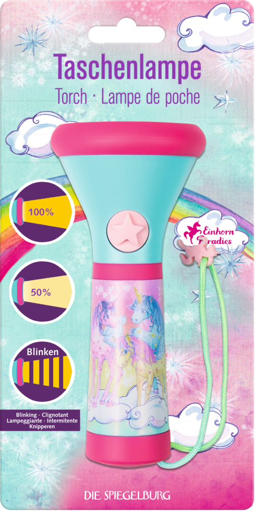 Rosa-blaue Taschenlampe mit Einhornmotiv auf Regenbogenverpackung mit deutschem und englischem Text.
