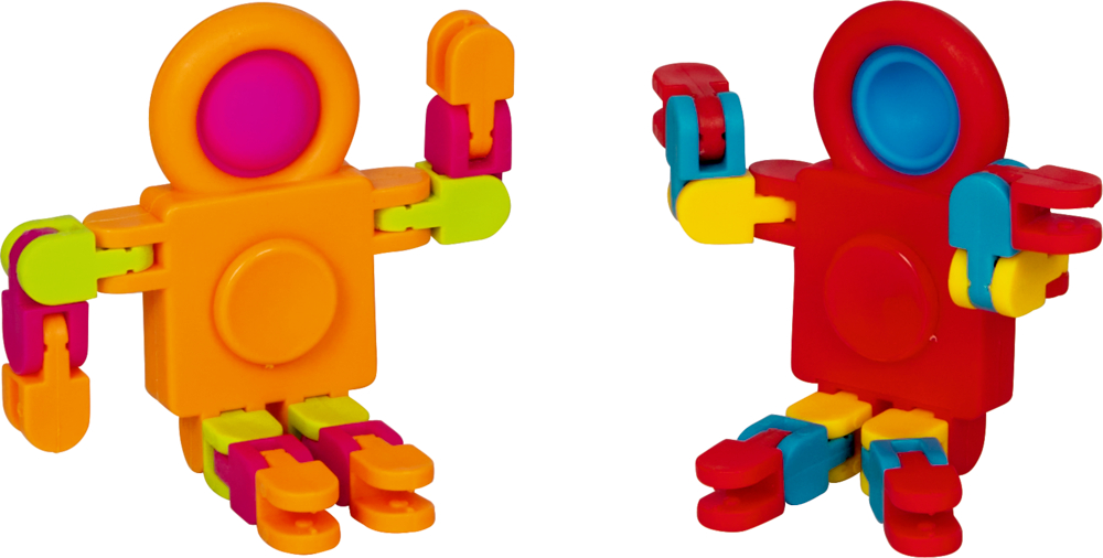 Zwei bunte Spielfiguren aus ineinandergreifenden Kunststoffformen, stehen nebeneinander, Arme nach oben gerichtet.