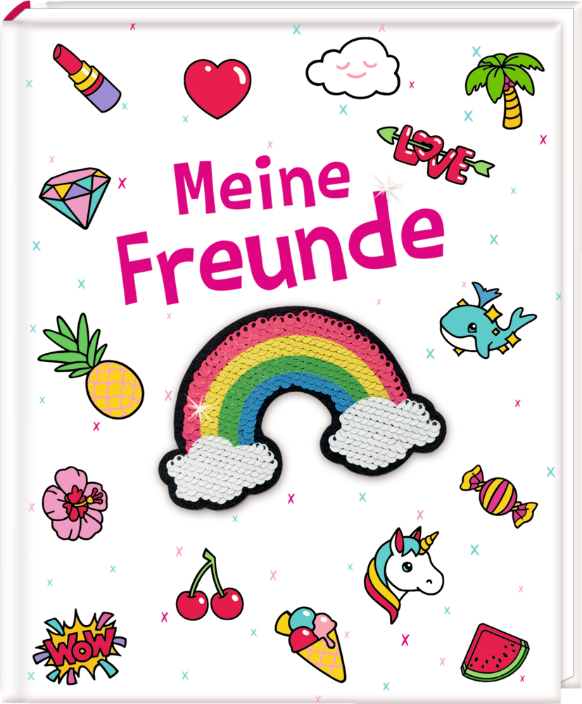 Farbenfrohe Illustrationen: Regenbogen, Einhorn, Früchte und der Text „Meine Freunde“ auf weißem Hintergrund.