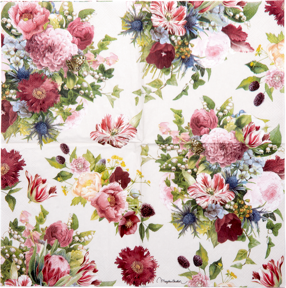 Aufgefaltene Serviette mit floralem Muster aus roten, rosa und weißen Blumen sowie grünen Blättern auf hellem Hintergrund.