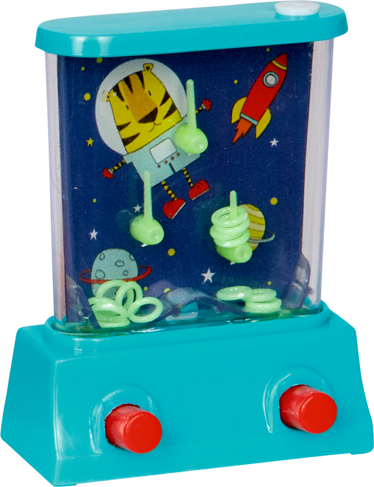 Wasserring-Wurfspielzeug mit einem Tiger-Astronauten, Planeten und einer roten Rakete auf einem blauen Weltraumhintergrund.