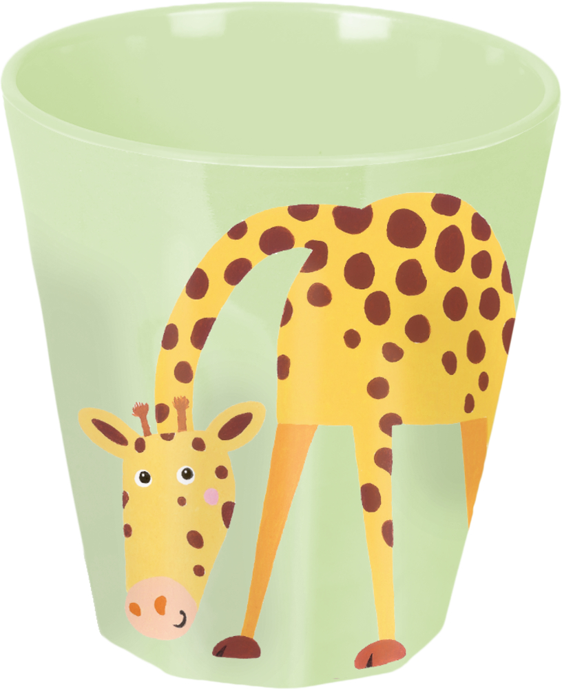 Hellgrüne Tasse mit einer nach vorne gebeugten Cartoon-Giraffe, langem Hals und braunen Flecken.