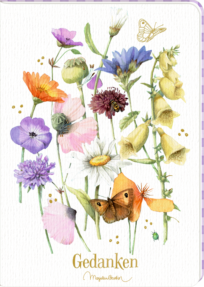 Cover eines Notizbuchs mit Aquarell-Wildblumen, Schmetterlingen, einem KÃ¤fer, goldenen Akzenten und der Aufschrift â€žGedankenâ€œ unten.