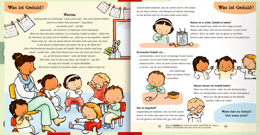 Kinder in einem Klassenzimmer interagieren mit ihrem Lehrer, umgeben von farbenfrohen Illustrationen auf beiden Seiten mit Text.