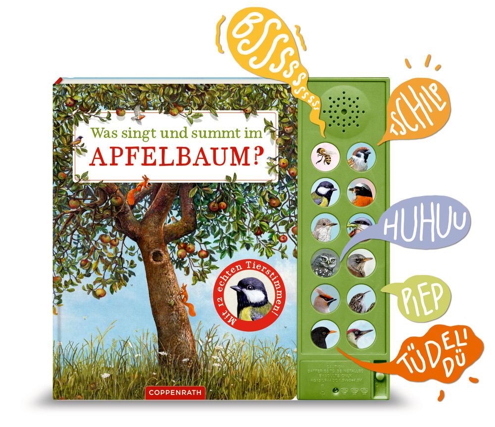 Kinderbuchcover mit Vögeln in einem Apfelbaum und Tontasten rechts spielen Vogelrufe ab.