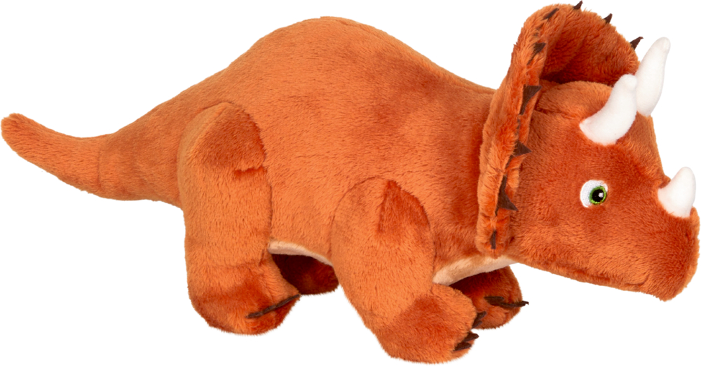 Orangefarbener Triceratops-Dinosaurier aus Plüsch mit grünen Augen und weißen Hörnern.